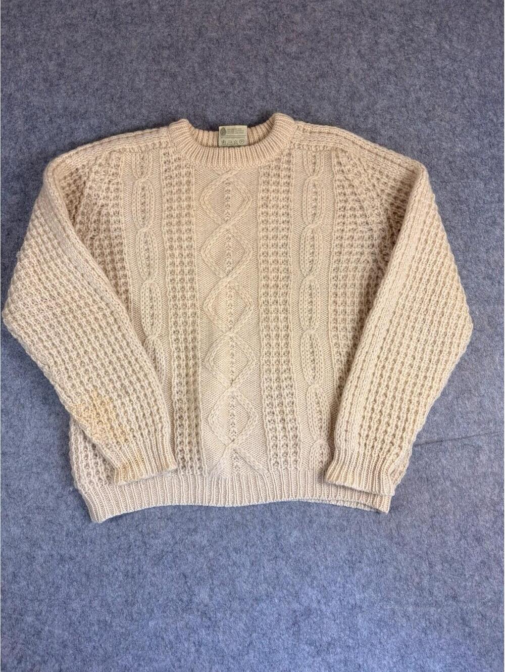 Gaeltarra Sweater Mens 42 Cream Wool Aran Fisherman Cable Knit Crewneck Ireland